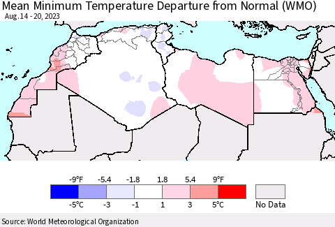 North Africa Mean Minimum Temperature Departure from Normal (WMO) Thematic Map For 8/14/2023 - 8/20/2023