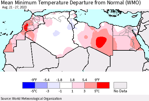North Africa Mean Minimum Temperature Departure from Normal (WMO) Thematic Map For 8/21/2023 - 8/27/2023
