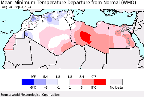 North Africa Mean Minimum Temperature Departure from Normal (WMO) Thematic Map For 8/28/2023 - 9/3/2023