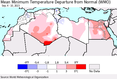 North Africa Mean Minimum Temperature Departure from Normal (WMO) Thematic Map For 9/4/2023 - 9/10/2023