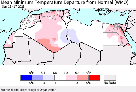 North Africa Mean Minimum Temperature Departure from Normal (WMO) Thematic Map For 9/11/2023 - 9/17/2023