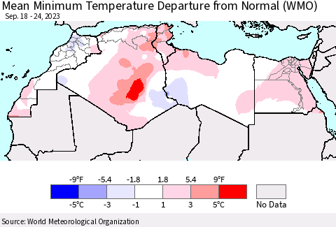 North Africa Mean Minimum Temperature Departure from Normal (WMO) Thematic Map For 9/18/2023 - 9/24/2023