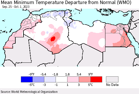 North Africa Mean Minimum Temperature Departure from Normal (WMO) Thematic Map For 9/25/2023 - 10/1/2023