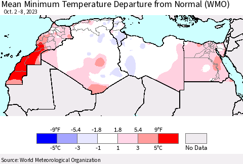 North Africa Mean Minimum Temperature Departure from Normal (WMO) Thematic Map For 10/2/2023 - 10/8/2023