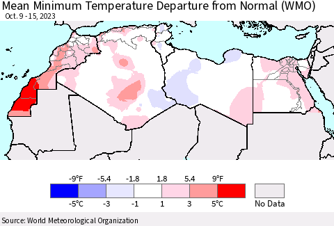 North Africa Mean Minimum Temperature Departure from Normal (WMO) Thematic Map For 10/9/2023 - 10/15/2023