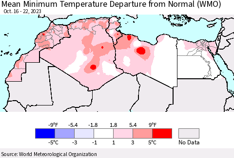 North Africa Mean Minimum Temperature Departure from Normal (WMO) Thematic Map For 10/16/2023 - 10/22/2023