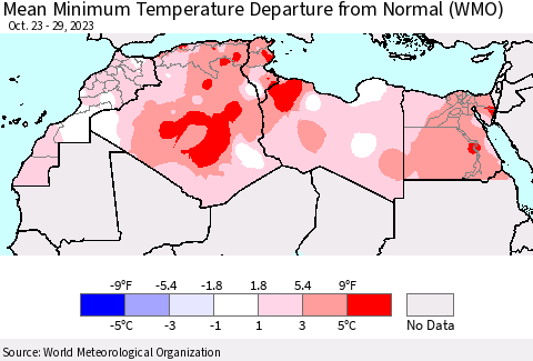 North Africa Mean Minimum Temperature Departure from Normal (WMO) Thematic Map For 10/23/2023 - 10/29/2023