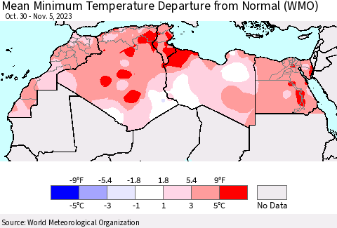 North Africa Mean Minimum Temperature Departure from Normal (WMO) Thematic Map For 10/30/2023 - 11/5/2023
