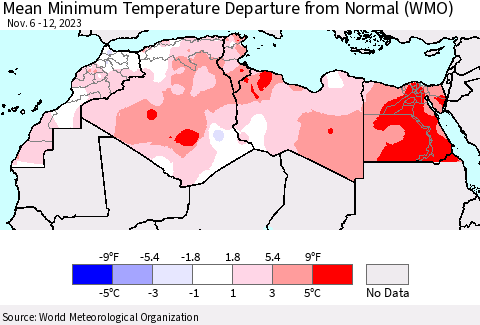 North Africa Mean Minimum Temperature Departure from Normal (WMO) Thematic Map For 11/6/2023 - 11/12/2023