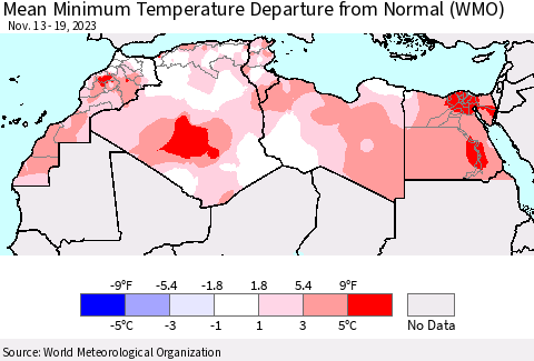 North Africa Mean Minimum Temperature Departure from Normal (WMO) Thematic Map For 11/13/2023 - 11/19/2023