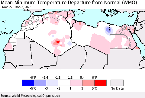 North Africa Mean Minimum Temperature Departure from Normal (WMO) Thematic Map For 11/27/2023 - 12/3/2023