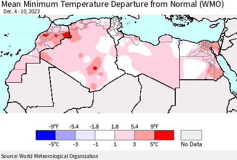 North Africa Mean Minimum Temperature Departure from Normal (WMO) Thematic Map For 12/4/2023 - 12/10/2023