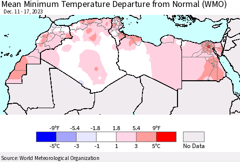 North Africa Mean Minimum Temperature Departure from Normal (WMO) Thematic Map For 12/11/2023 - 12/17/2023