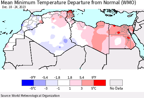 North Africa Mean Minimum Temperature Departure from Normal (WMO) Thematic Map For 12/18/2023 - 12/24/2023