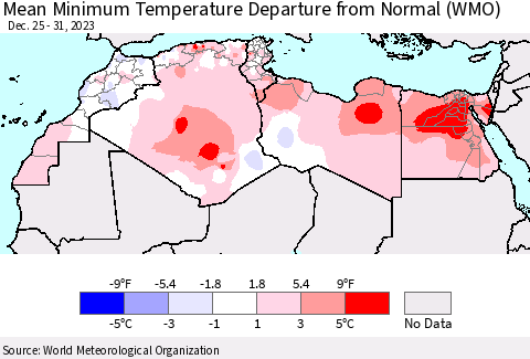 North Africa Mean Minimum Temperature Departure from Normal (WMO) Thematic Map For 12/25/2023 - 12/31/2023