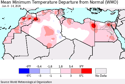 North Africa Mean Minimum Temperature Departure from Normal (WMO) Thematic Map For 1/8/2024 - 1/14/2024