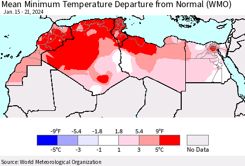 North Africa Mean Minimum Temperature Departure from Normal (WMO) Thematic Map For 1/15/2024 - 1/21/2024