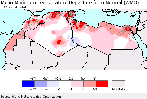 North Africa Mean Minimum Temperature Departure from Normal (WMO) Thematic Map For 1/22/2024 - 1/28/2024