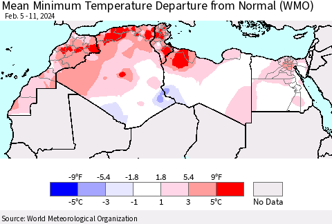 North Africa Mean Minimum Temperature Departure from Normal (WMO) Thematic Map For 2/5/2024 - 2/11/2024