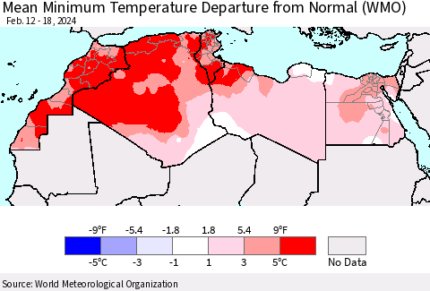 North Africa Mean Minimum Temperature Departure from Normal (WMO) Thematic Map For 2/12/2024 - 2/18/2024