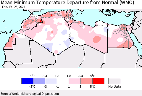 North Africa Mean Minimum Temperature Departure from Normal (WMO) Thematic Map For 2/19/2024 - 2/25/2024