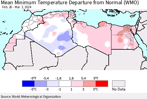 North Africa Mean Minimum Temperature Departure from Normal (WMO) Thematic Map For 2/26/2024 - 3/3/2024