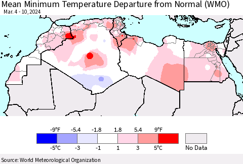North Africa Mean Minimum Temperature Departure from Normal (WMO) Thematic Map For 3/4/2024 - 3/10/2024