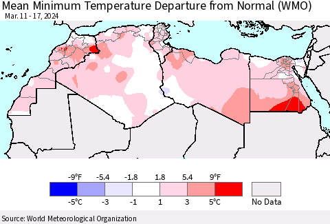 North Africa Mean Minimum Temperature Departure from Normal (WMO) Thematic Map For 3/11/2024 - 3/17/2024