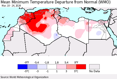 North Africa Mean Minimum Temperature Departure from Normal (WMO) Thematic Map For 3/18/2024 - 3/24/2024