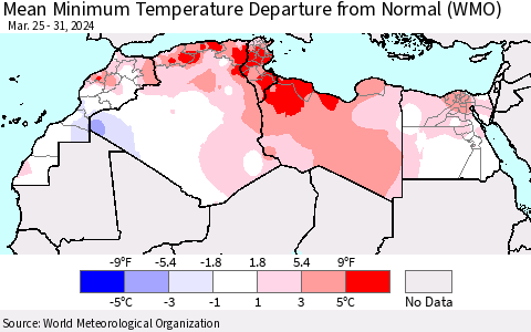 North Africa Mean Minimum Temperature Departure from Normal (WMO) Thematic Map For 3/25/2024 - 3/31/2024