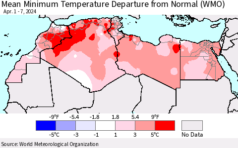 North Africa Mean Minimum Temperature Departure from Normal (WMO) Thematic Map For 4/1/2024 - 4/7/2024