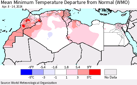 North Africa Mean Minimum Temperature Departure from Normal (WMO) Thematic Map For 4/8/2024 - 4/14/2024