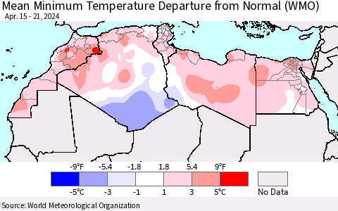 North Africa Mean Minimum Temperature Departure from Normal (WMO) Thematic Map For 4/15/2024 - 4/21/2024