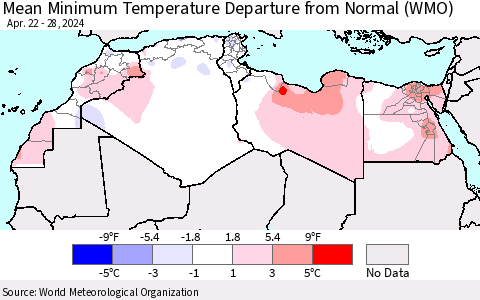 North Africa Mean Minimum Temperature Departure from Normal (WMO) Thematic Map For 4/22/2024 - 4/28/2024