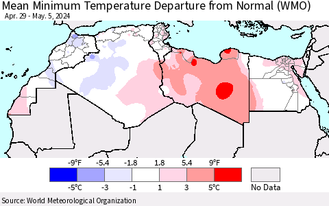 North Africa Mean Minimum Temperature Departure from Normal (WMO) Thematic Map For 4/29/2024 - 5/5/2024