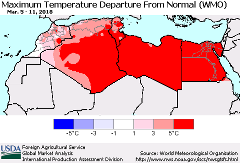 North Africa Mean Maximum Temperature Departure from Normal (WMO) Thematic Map For 3/5/2018 - 3/11/2018
