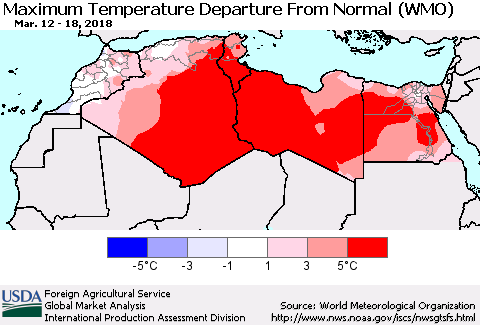 North Africa Mean Maximum Temperature Departure from Normal (WMO) Thematic Map For 3/12/2018 - 3/18/2018