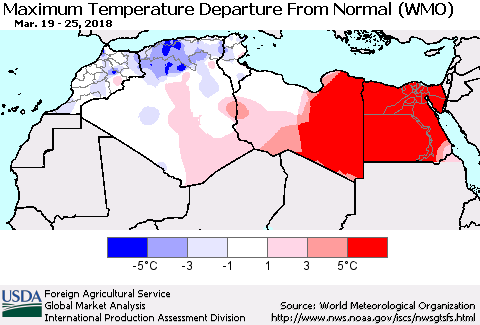 North Africa Mean Maximum Temperature Departure from Normal (WMO) Thematic Map For 3/19/2018 - 3/25/2018