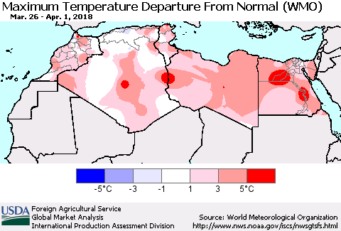 North Africa Mean Maximum Temperature Departure from Normal (WMO) Thematic Map For 3/26/2018 - 4/1/2018