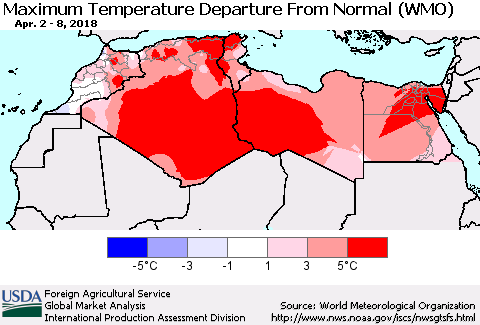 North Africa Mean Maximum Temperature Departure from Normal (WMO) Thematic Map For 4/2/2018 - 4/8/2018