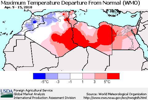 North Africa Mean Maximum Temperature Departure from Normal (WMO) Thematic Map For 4/9/2018 - 4/15/2018