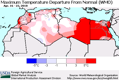North Africa Mean Maximum Temperature Departure from Normal (WMO) Thematic Map For 4/16/2018 - 4/22/2018