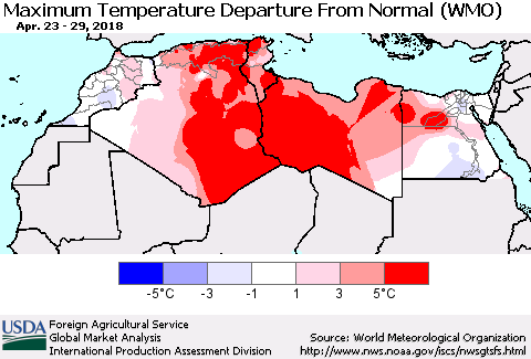 North Africa Mean Maximum Temperature Departure from Normal (WMO) Thematic Map For 4/23/2018 - 4/29/2018