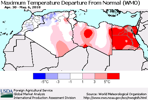 North Africa Mean Maximum Temperature Departure from Normal (WMO) Thematic Map For 4/30/2018 - 5/6/2018
