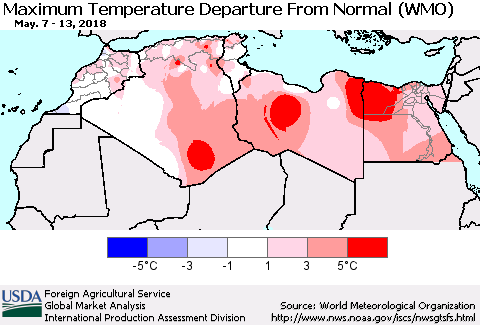 North Africa Mean Maximum Temperature Departure from Normal (WMO) Thematic Map For 5/7/2018 - 5/13/2018