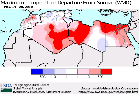 North Africa Mean Maximum Temperature Departure from Normal (WMO) Thematic Map For 5/14/2018 - 5/20/2018