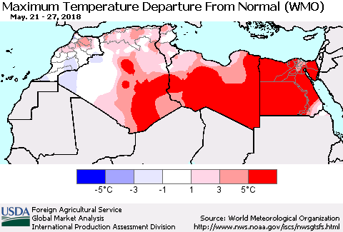 North Africa Mean Maximum Temperature Departure from Normal (WMO) Thematic Map For 5/21/2018 - 5/27/2018
