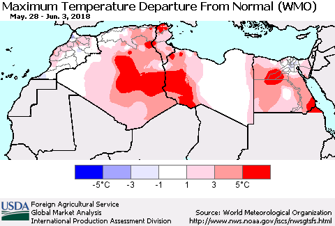North Africa Mean Maximum Temperature Departure from Normal (WMO) Thematic Map For 5/28/2018 - 6/3/2018
