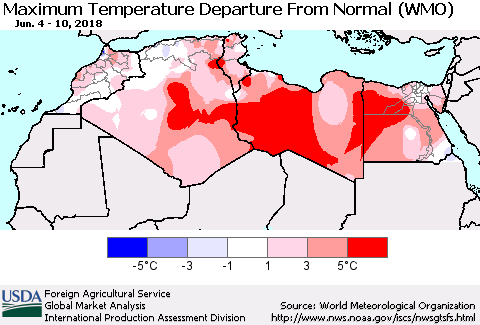 North Africa Mean Maximum Temperature Departure from Normal (WMO) Thematic Map For 6/4/2018 - 6/10/2018