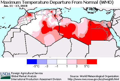 North Africa Mean Maximum Temperature Departure from Normal (WMO) Thematic Map For 6/11/2018 - 6/17/2018